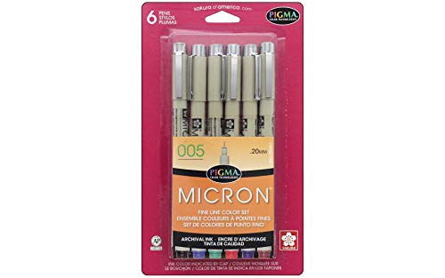 Pigma Micron Pens 005 .2mm 6/Pkg-Black, Blue, Green, Red, Purple & Brown