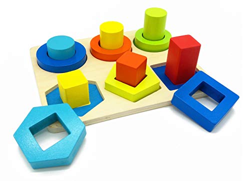 Wooden Shape Sorter Puzzle, Color and Shape Sorting for Baby, Stacking Blocks Board for Age 18 Months and Up