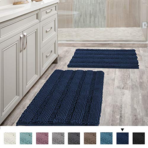 Book Cover Navy Blue Bathroom Rugs Slip-Resistant Extra Absorbent Soft and Fluffy Striped Bath Mat Set Chenille Bath Rugs, Floor Mats Dry Fast Machine Washable (Set of 2-20