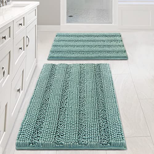 2 Piece Bathroom Set Non Slip Thick Shaggy Chenille Bathroom Rugs, Bath Mats for Bathroom Extra Soft and Absorbent Striped Bath Rugs Set for Indoor/Kitchen (Eggshell Blue, 20" x 32"/17" x 24")