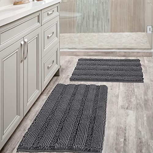 Book Cover Grey Bath Mats for Bathroom Non Slip Ultra Thick and Soft Chenille Plush Striped Floor Mats Bath Rugs Set, Microfiber Door Mats for Kitchen/Living Room (Pack 2-20