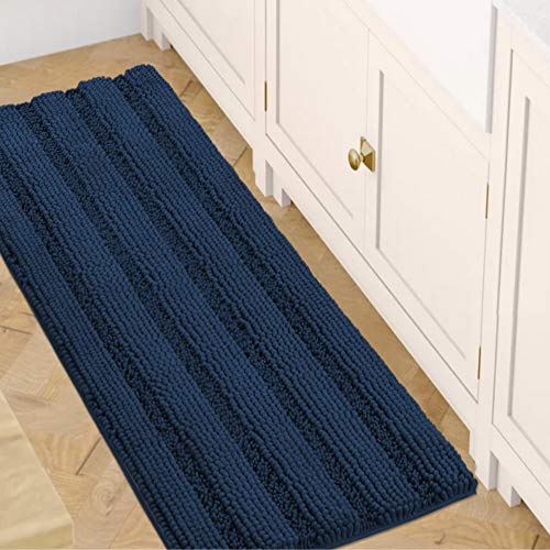 Bath Rugs for Bathroom Washable Non Slip Extra Thick Chenille Striped Bath Mat Rug Runners 47" x 17" Absorbent Fluffy Soft Shaggy Mats Dry Fast Plush Area Carpet for Bath Room, Tub - Navy