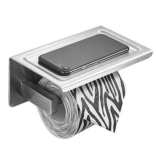 BESy Adhesive Toilet Paper Holder with Shelf, Bathroom Tissue Roll Hanger with Mobile Phone Storage Shelf, Stainless Steel, Self Adhesive or Screws Wall Mount Toilet Paper Holder, Brushed Finish