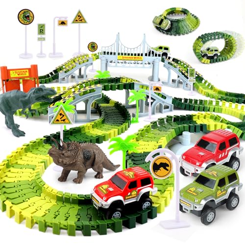 Book Cover Dinosaur Toys, Dino Race Car Track with Flexible Track, Gift for Toddler Kids Boys Girls 3 4 5 6 7
