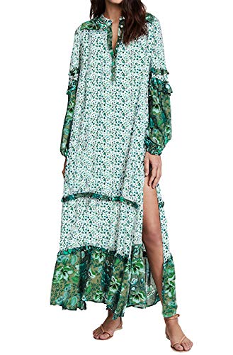 R.Vivimos Women's Long Sleeve Floral Print Bohemian Maxi Dresses with Slit