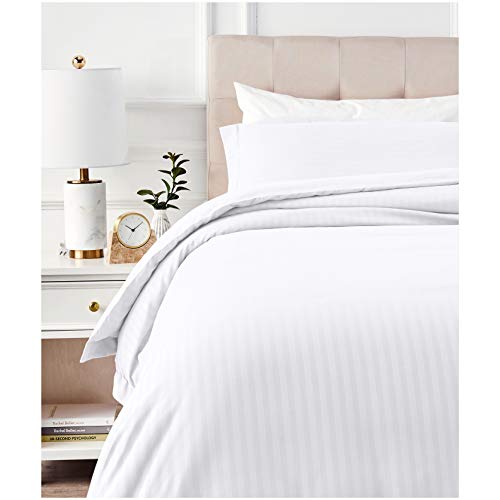 Amazon Basics Striped Microfiber Duvet Cover Set - Twin or Twin XL, Bright White