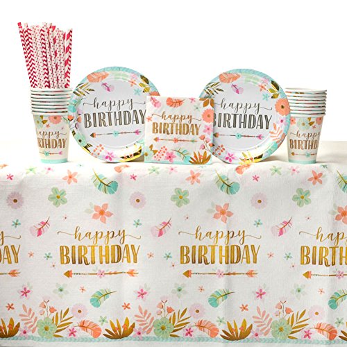 Boho Birthday Girl Party Supplies Pack for 16 Guests: Straws, Dessert Plates, Beverage Napkins, Table Cover, and Cups