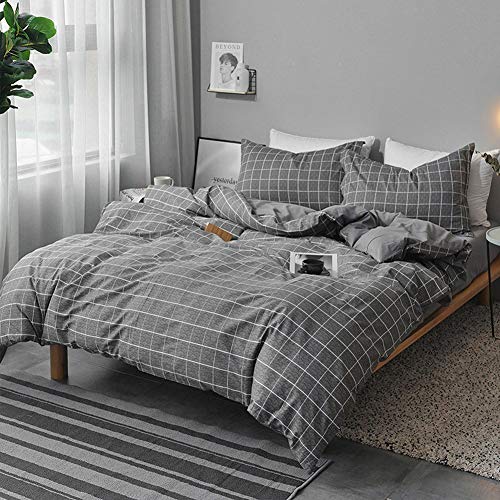 Nanko Twin Bedding Duvet Cover Set Grid, 2 Piece - 1000 - TC Luxury Microfiber Down Comforter Plaid Quilt Cover with Zipper Closure, Ties - Best Modern Style for Men and Women - Gray