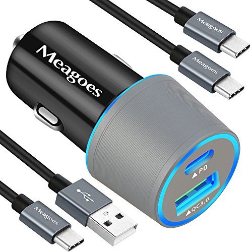 Book Cover Meagoes Rapid PD Car Charger, Compatible for Google Pixel 4 XL/4/3 XL/3/3a XL/3a/2 XL/2/XL/C, Moto Z3 Play/Z2 Force, Power Delivery & Quick Charge 3.0 Fast Car Adapter with 2 USB Type C Cords