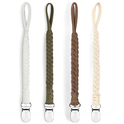 Book Cover Kapihouse Pacifier Clips for Boys and Girls, Baby Holder Leash, Teething Toy Or Soothie by Hand-Made Braided(4 Pack) (A)