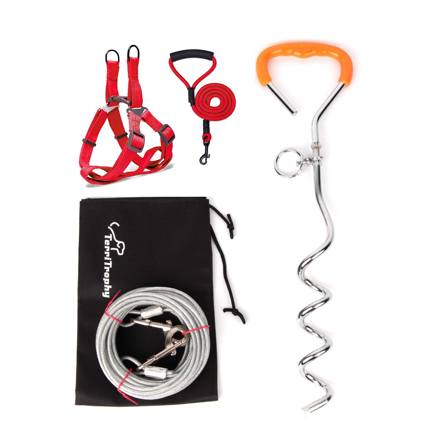 TerriTrophy Dog Tie Out Cable, Dog Stake for Medium to Large Dogs Up to 125 Pounds, Play in The Yard and Lawn, for Camping and Outing, Orange (16FT)