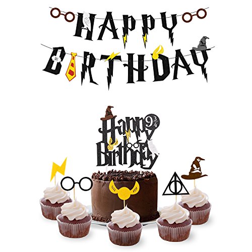 Book Cover Wizard Birthday Party Supplies Set - Happy Birthday Banner, Cake Topper,Cupcake Toppers - HP Theme Party Decorations