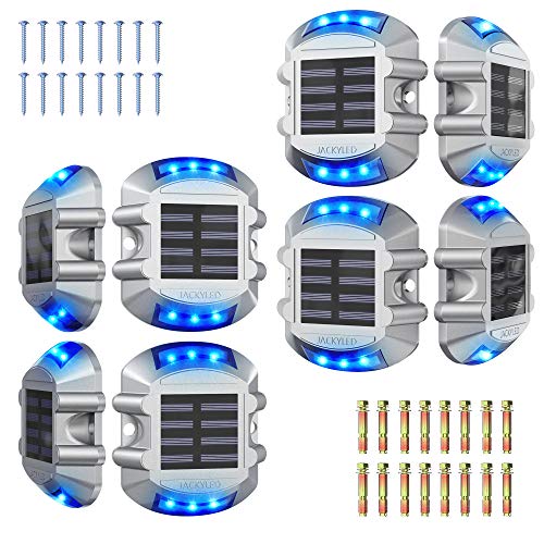 Solar Driveway Marker Lights 8-Pack JACKYLED Solar Powered Dock Lights Outdoor IP68 Waterproof LED Bright Blue Wireless Security Warning Step Lights for Pathway Sidewalk Boat Deck Stair Yard Ground