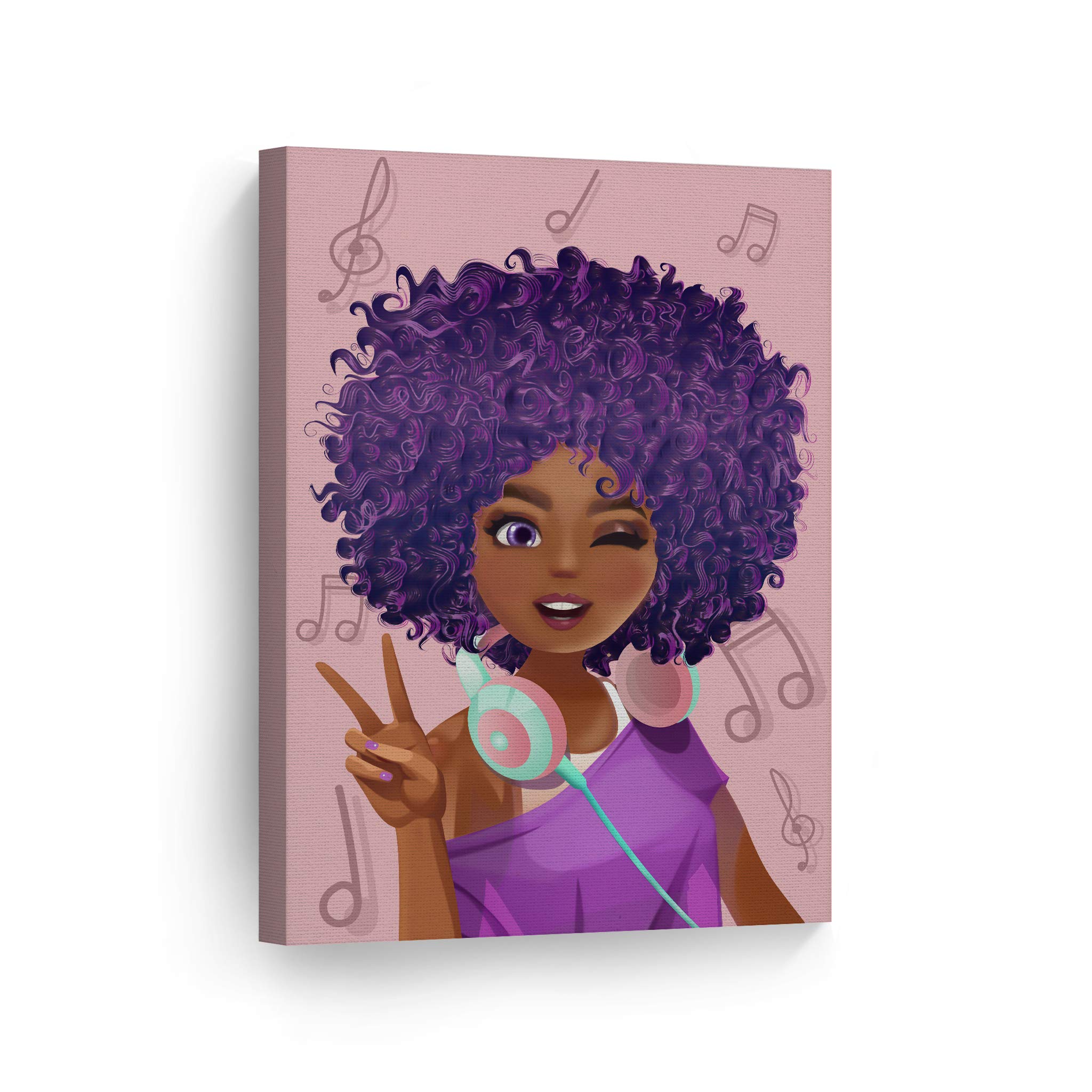 Purple Haired African Girl Earphones Pink Background Digital Painting Canvas Print Kids Room Wall Art African Art Home Decor Stretched Ready to Hang -100% Handmade in The USA - 12x8 12 in x 8 in-Ready to Hang African V188