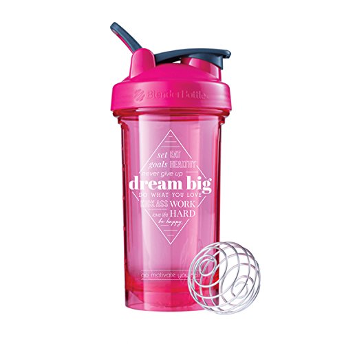 Motivational Quote on Blender Bottle Brand Shaker Bottle, 20 or 28 ounce capacity, Fitness Gift, Includes BlenderBall Whisk, Dishwasher Safe (Pro Series - 24oz - Dream Big Pink)