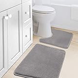 H.VERSAILTEX Bath Mat Memory Foam Set Bathroom Rug Set Flannel Velvety Bath Mat Luxury Extra Soft and Absorbent Non Slip Rugs for Bathroom/Bedroom Washable(Curved Set 20"x 32" Plus 20"x 20"U, Grey)