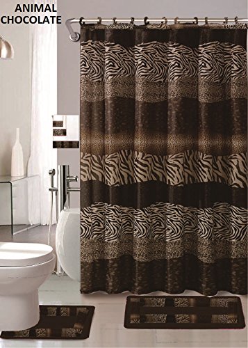 Book Cover AF 18 Piece Bath Rug Set Leopard Brown Bathroom Rugs Zebra Shower Curtain Mat/Rings Towel Set- Animal Coffee