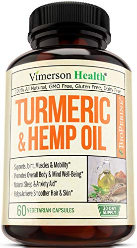 Book Cover Turmeric Curcumin with Hemp Oil Powder and Bioperine. Joint Pain Relief, Anti Inflammatory, Anti Anxiety. Stress and Sleep Support Supplement with Curcuminoids and Black Pepper. 60 Capsules
