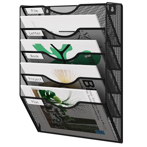 EasyPAG Wall File Organizer 5 Tier Hanging Paper Folder Holder, Zero Assembly Metal Mesh Wall Mounted Mail Organizer for Office Home Classroom Narrow Spaces, Black