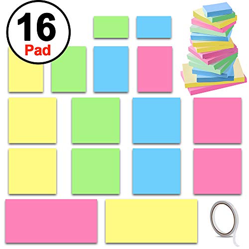 Sticky Notes, SIQUK 16 Pads Adhesive Note Pads 2 x 1.5 inches/ 3 x 3 inches/ 3 x 2 inches/ 3 x 5 inches Candy Color Self Stick Notes Sheet Assorted with a Double Sided Tape for School, Office and Home