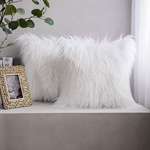 Book Cover Phantoscope Faux Fur Pillow Cover Decorative Fluffy Throw Pillow Mongolian Soft Fuzzy Pillow Case Cushion Cover for Bedroom and Couch,True White 18 x 18 Inches