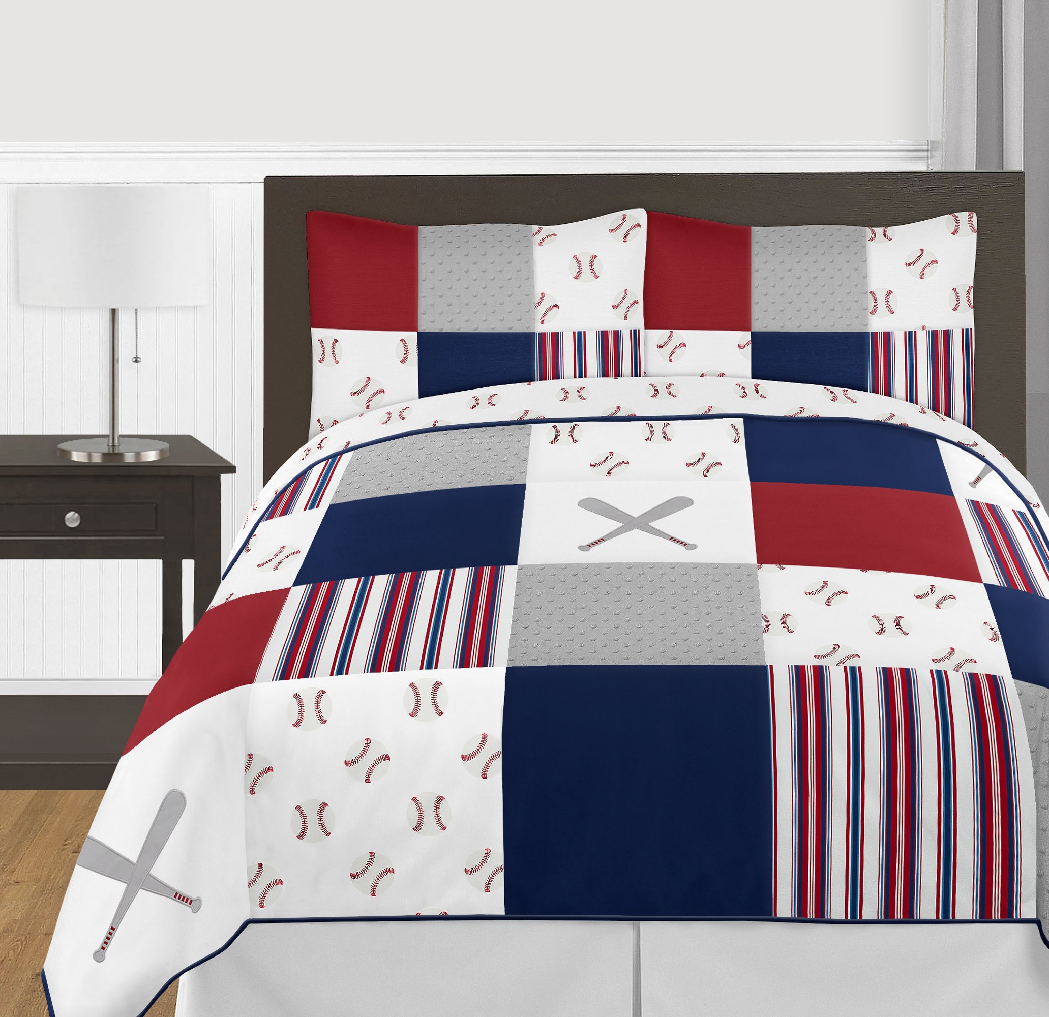 Book Cover Sweet Jojo Designs Red, White and Blue Baseball Patch Sports Boy Full/Queen Kid Teen Bedding Comforter Set - 3 Pieces - Grey Patchwork Stripe