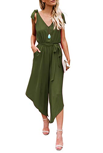 BELONGSCI Women Outfit Sleeveless Shoulder Bandage Waistband Sexy V-Neck Wide Leg Long Jumpsuit with Belt