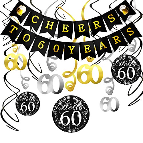 60th Birthday Decorations Kit- Konsait Cheers to 60 Years Banner Swallowtail Bunting Garland Sparkling Celebration 60 Hanging Swirls,Perfect 60 Years Old Party Supplies 60th Anniversary Decorations
