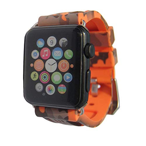 Sport Camo Waterproof Band Compatible for Apple Watch 42/44mm Camouflage Silicone Strap for iWatch 6/5/4/3/2/1/SE Rubber Band (Orange)