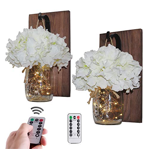 CALATOUR Mason Jar Decor Wall Sconce,16OZ Mason Jars,20 LED Lights with Remote Control,Wrought Iron Hooks,Wood Boards,Silk Flowers(Set of 2)