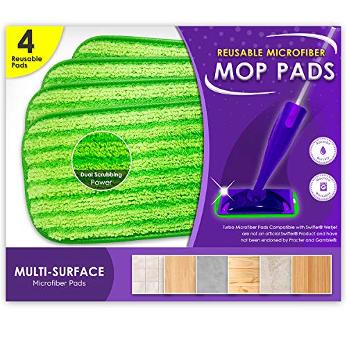Reusable Mop Pads Compatible with Swiffer WetJet - Washable Microfiber Mop Pad Refills by Turbo - 12 Inch Floor Cleaning Pads Compatible with Wet Jet Mop Heads - 4 Pack