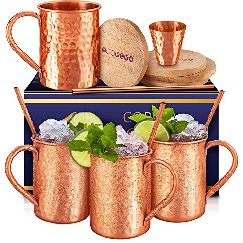 Yooreka Gift Set Moscow Mule Mugs Set Of 4 16 oz Solid Cooper, 100% Pure Copper Cups Cylindrical Shape HANDCRAFTED, BONUS 4 Straws, 4 Wood Coasters, Stirring Spoon, And Shot Glass (Square)
