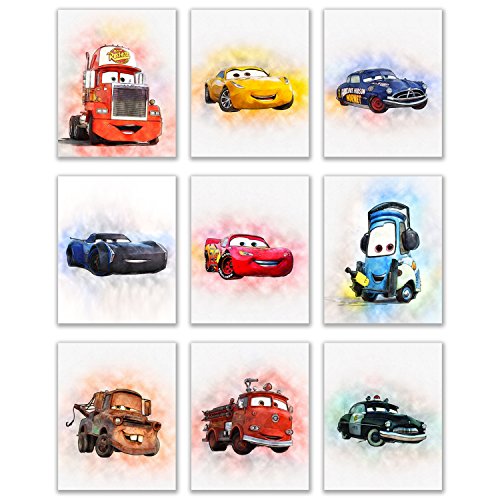Book Cover Cars Movie Poster Prints - Set of 9 (8 inches x 10 inches) Watercolor Photos - Lightning McQueen Tow Mater Doc Hudson Jackson Storm Cruz Ramirez