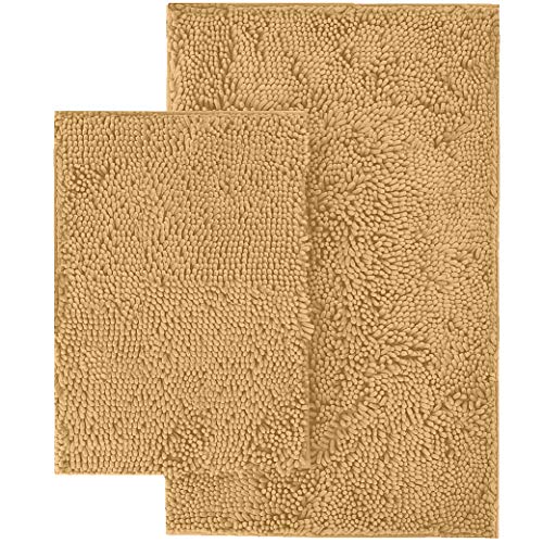 LuxUrux Bathroom Rugs 2 Piece Set–Extra-Soft Plush Bath mat Shower Bathroom Rugs,1'' Chenille Microfiber Material, Super Absorbent, 30 x 20'' + 23 x15'',Marzipan.