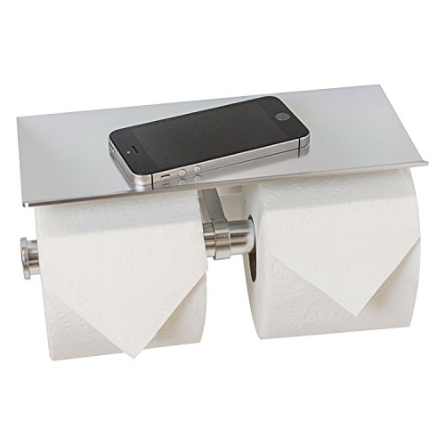 Neater Nest Adhesive Double Toilet Paper Holder with Phone Shelf, Supports Large Rolls, Modern Style (Silver, 2-Roll)