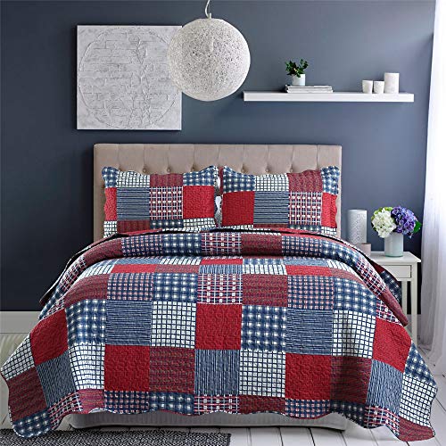 Book Cover Red Blue Plaid Quilt Full/Queen Size Patchwork Bedspread Country Quilt Blue White Plaid Bedspread Reversible Plaid Printed Quilt Mens Lightweight Coverlet Set Plaid Quilts+2 Pillow Shams