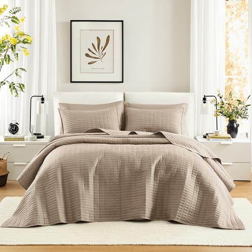 Comfort Spaces Taupe Oversized King Quilt Set 120"x118" Bedspread Quilted Summer Lightweight Microfiber Bedding Coverlet with Double Sided Stitching Soft All Season Cozy 3 Piece with Matching Shams