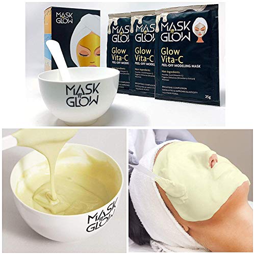 Premium Glow Vita-C Modeling Peel-Off Mask"Rubber Mask" (Pack of 3 With bowl & Spatula) for Brightening & Pore Tightening, One Time Use, 25g. Made In Korea (3 Pack)