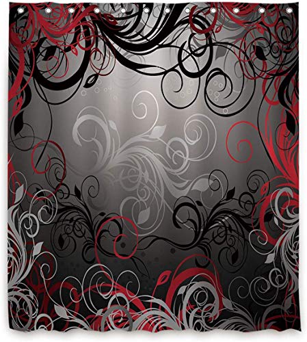 Cdcurtain Red And Black Shower Curtain Set Leaf Swirl Floral Modern Forest Heavy Duty Shower Curtain Panel Polyester Waterproof Fabric For Bathtub 72x72 Inch 12-Pack Metal Shower Hooks Included