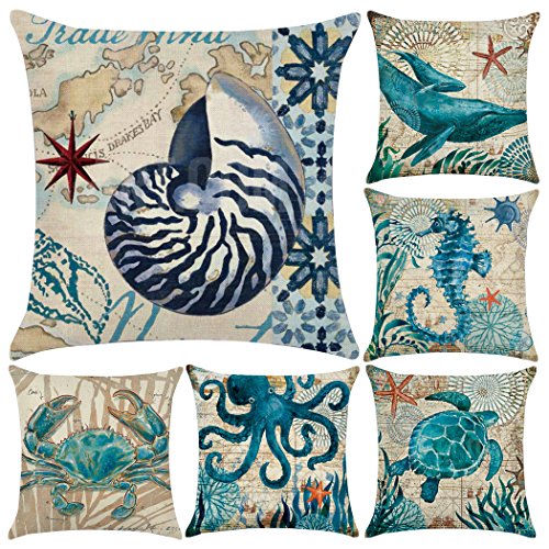 Book Cover Polyester Throw Pillow Case,Mediterranean Style Decorative Square Cushion Cover (Cover Only,No Insert) (18x18 inch/ 45x45cm,6 Pack Sea Theme 1)