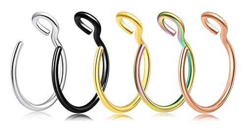 VELCARE 5 Pcs Fake Nose Ring Nose Rings Hoops 20 Gauge Non Piercing Stainless Steel Clip-on Fake Septum Nose Hoop Ring Studs Earrings Piercings for Women Men Faux Lip Rings