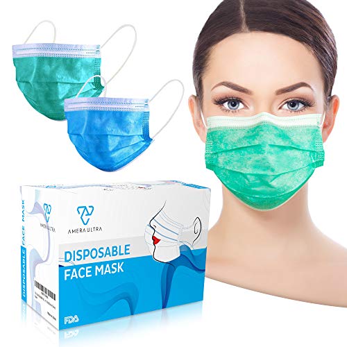 Face Mask with Earloops â€“ 100 Pack â€“ Disposable â€“ Hypoallergenic â€“ Protect Yourself from Dust, and Pollen â€“ Ideal for Medical, Surgical, Catering and Construction Workers â€“ Blue and Green Masks