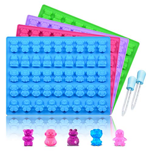 Silicone Candy Gummy Bear Molds - Chocolate Molds Including Bears, Frogs, Lions, Monkeys, Penguins Gummie Molds Premium Silicone BPA Free, Pinch Test Approved Pack of 4 with 2 Droppers