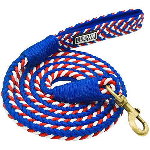 LukPaw Handmade Braided Dog Leash - 6' Heavy Duty Nylon Rope with Padded Handle for Medium Large Dogs Climbing Hiking Walking Training-Blue