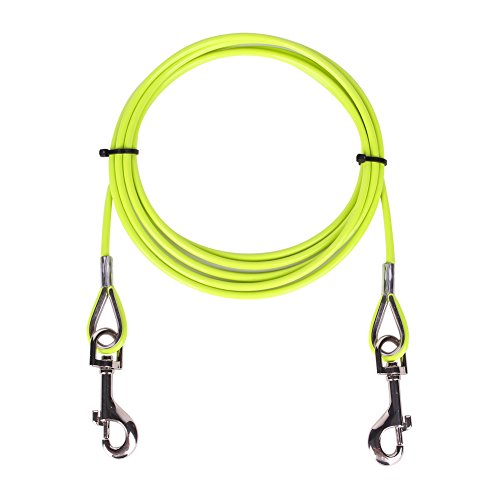 AMOFY 10ft Dog Tie Out Cable - Galvanized Steel Wire Rope with PVC Coating for Dogs up to 80 Pound Yellow Green