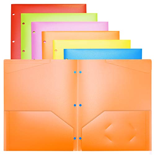 MAKHISTORY Heavy Duty Plastic Pocket Folders with 3 Holes - 6 Pack, 2 Pocket Folders Fit 3 Ring Binder, Includes Business Card Slot, Letter Size, Assorted Colors