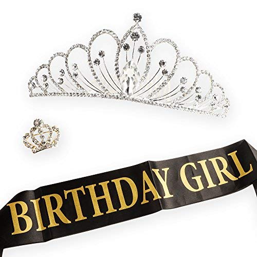 AMAZECO Birthday Girl Sash Tiara Crown and Crown Brooch,Birthday Girl with Gold Encased Glitter Lettering, Happy Birthday Party Supplies, Favors, Decorations 16th, 21st, 30th, 40th, 50th, 60th 70th