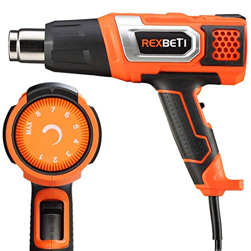 REXBETI Heat Gun Variable Temperature 1500W 140℉-932℉ with 3 Air Flow, 9 Accessories for Heat shrink tubing, Wrapping Drying Painting, Non- Slip Soft Handle, Overload Protection