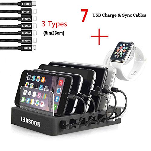 Charging Station for Multiple Devices,COSOOS USB Charger Station with 5 Short lPhone Charger Cables,1 Type-C,1 Micro Cable,lWatch Stand,6-Port USB Charging Station for iPad,Tablet,Kindle(UL Certified)