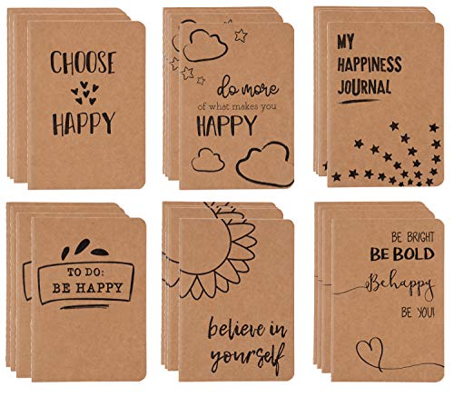 Kraft Notebook - 24-Pack Lined Notebook Journals, Pocket Journal for Travelers, Diary, Notes - 6 Assorted Happy Themed Designs, Soft Cover, 80 Pages, Brown, 4 x 5.7 Inches